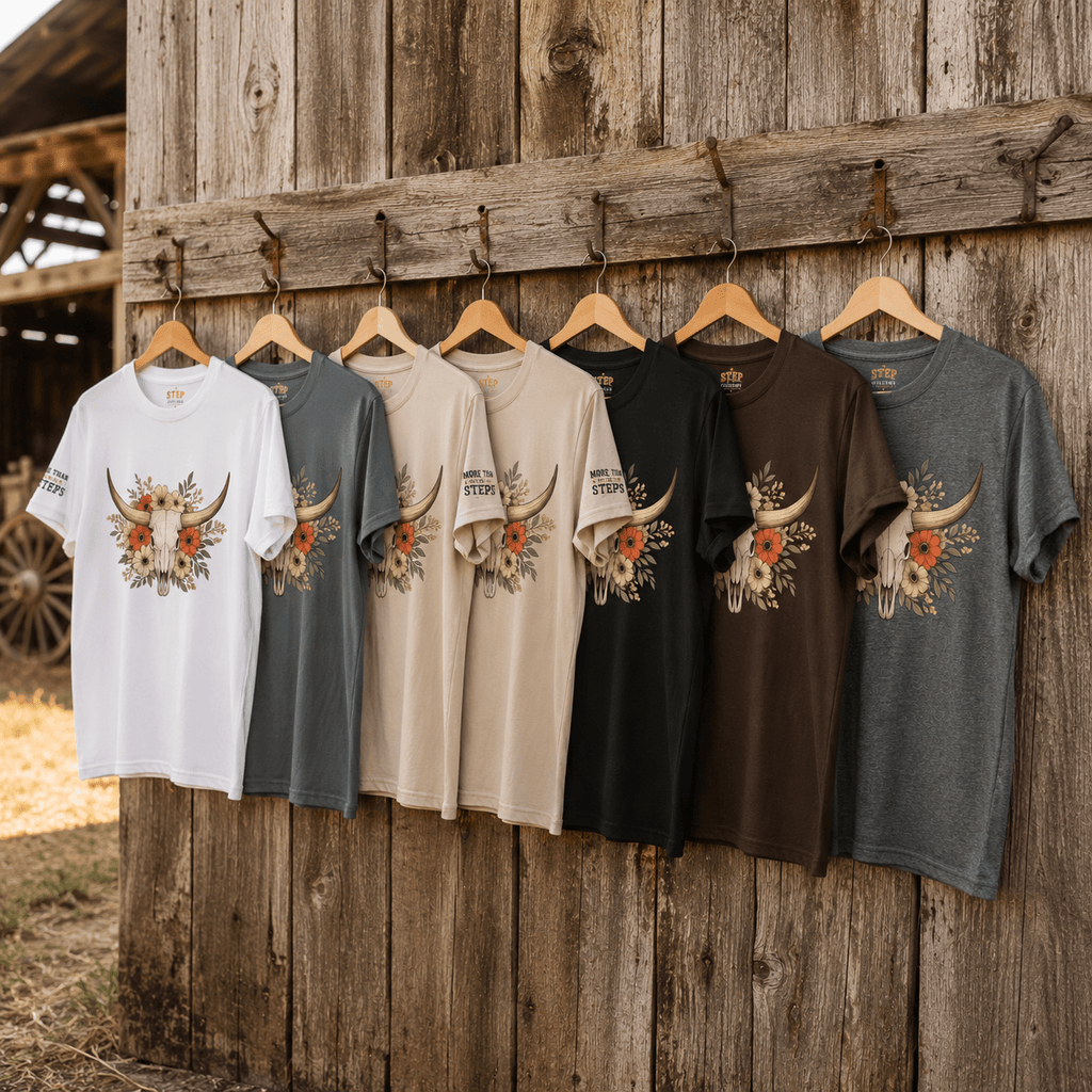 Longhorn skull and floral graphic T-shirts displayed in multiple colours