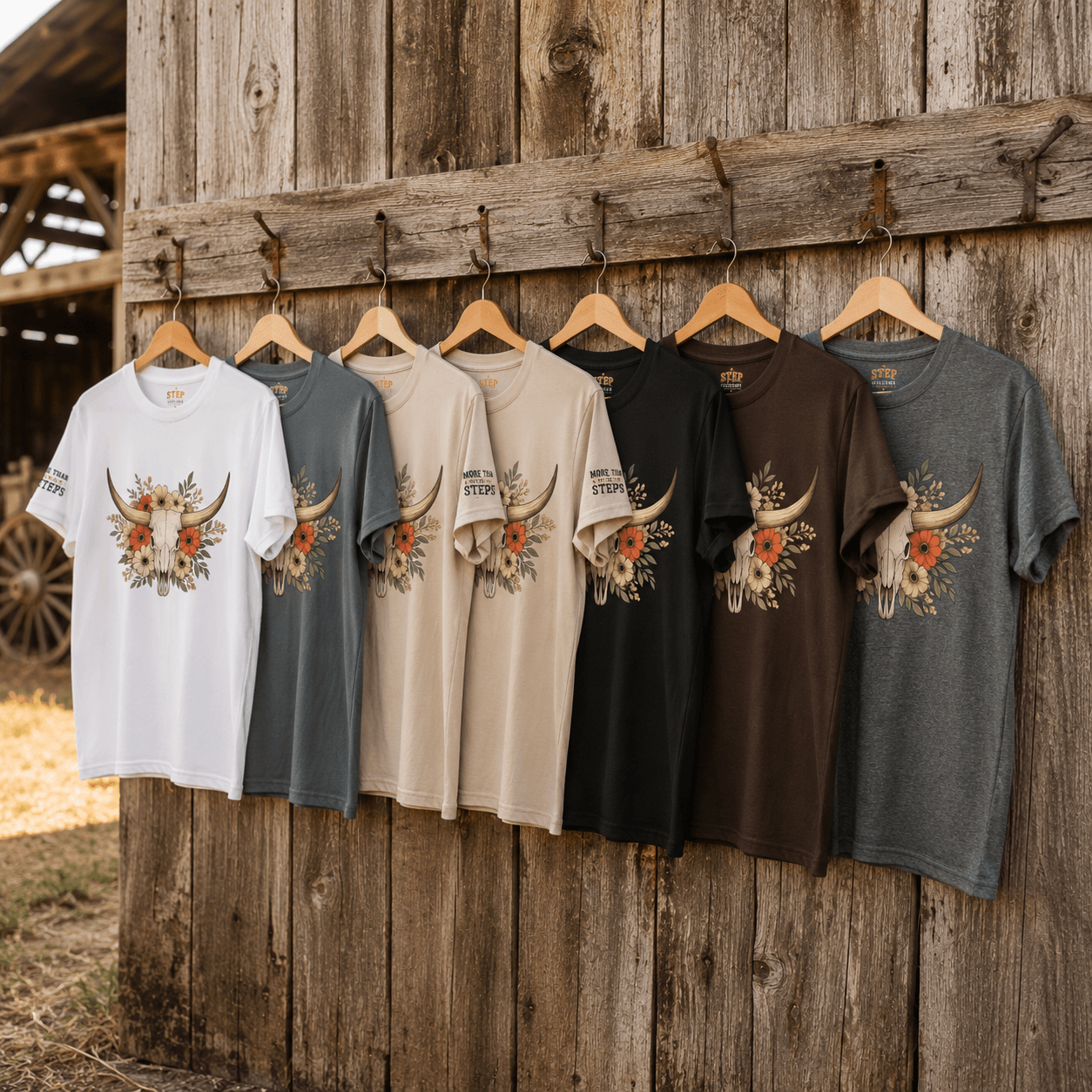 Longhorn skull and floral graphic T-shirts displayed in multiple colours