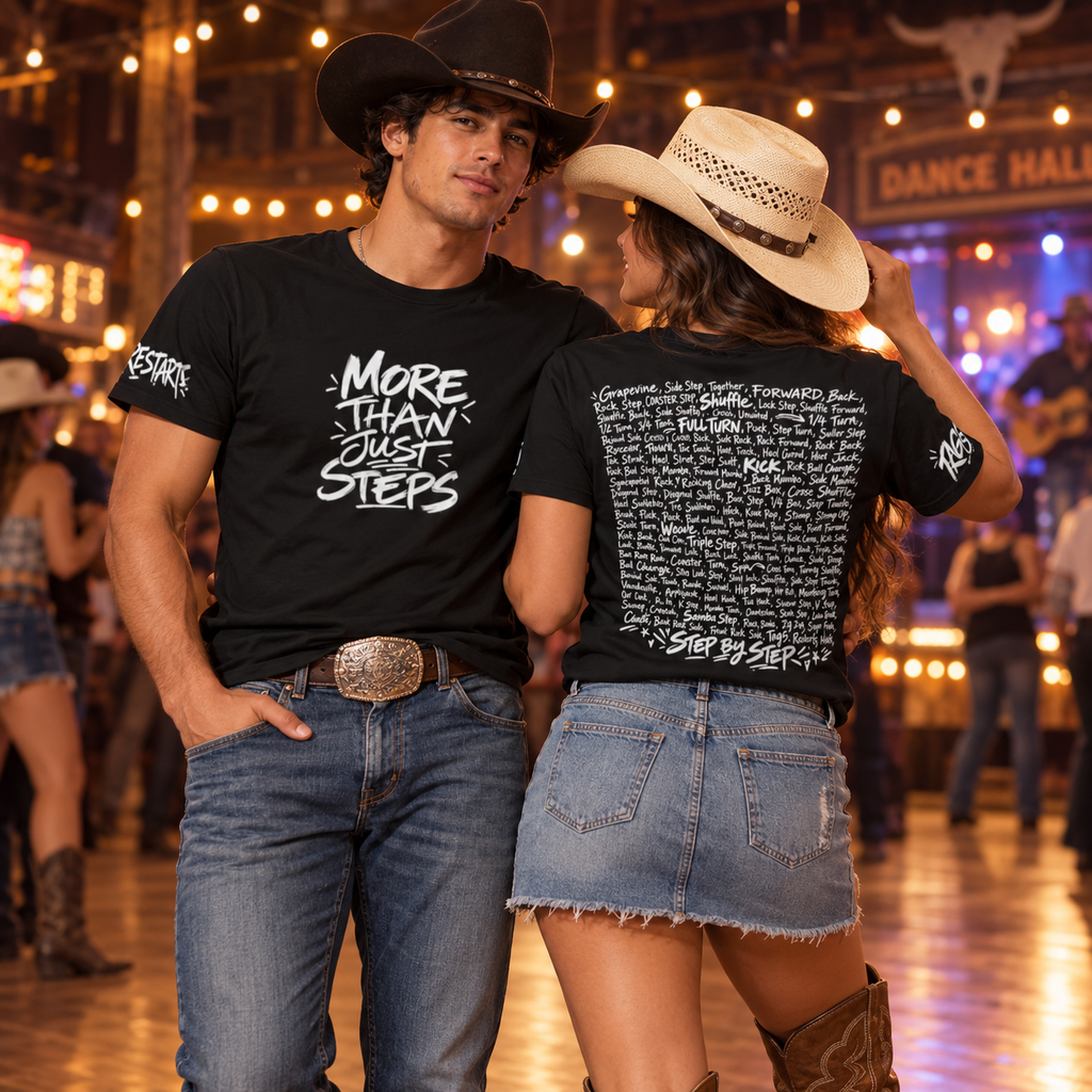 Cowboy wearing the front and cowgirl showing the back of the black Step by Step line dancing T-shirt in a dance hall