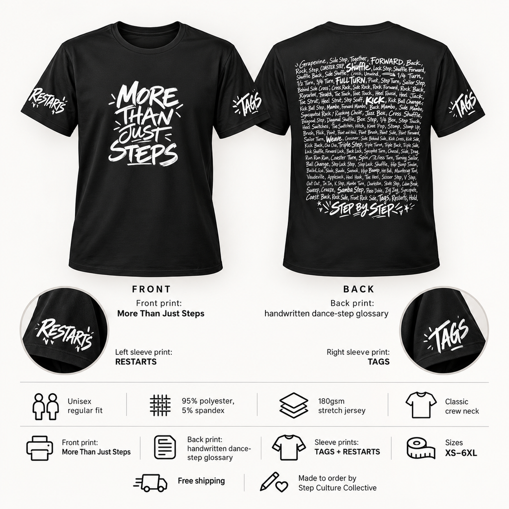 Step by Step unisex line dancing T-shirt front, back and sleeve design details