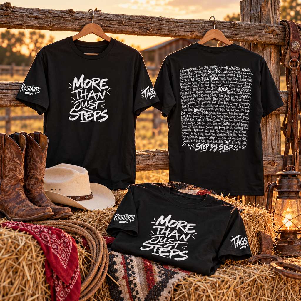 Front, back and sleeve views of the black Step by Step line dancing T-shirt displayed on a rustic fence