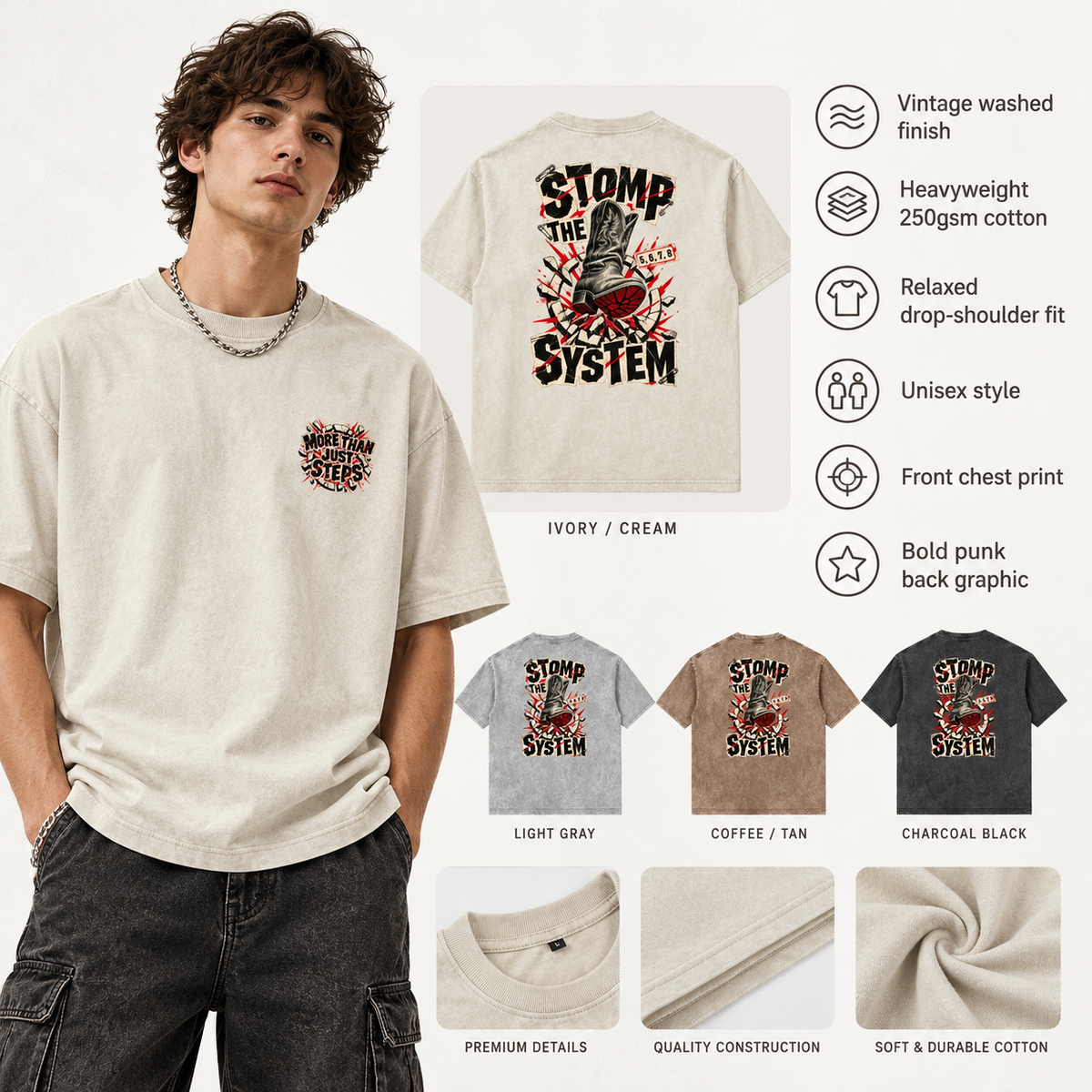 Stomp the System vintage washed unisex T-shirt infographic with fabric and fit features