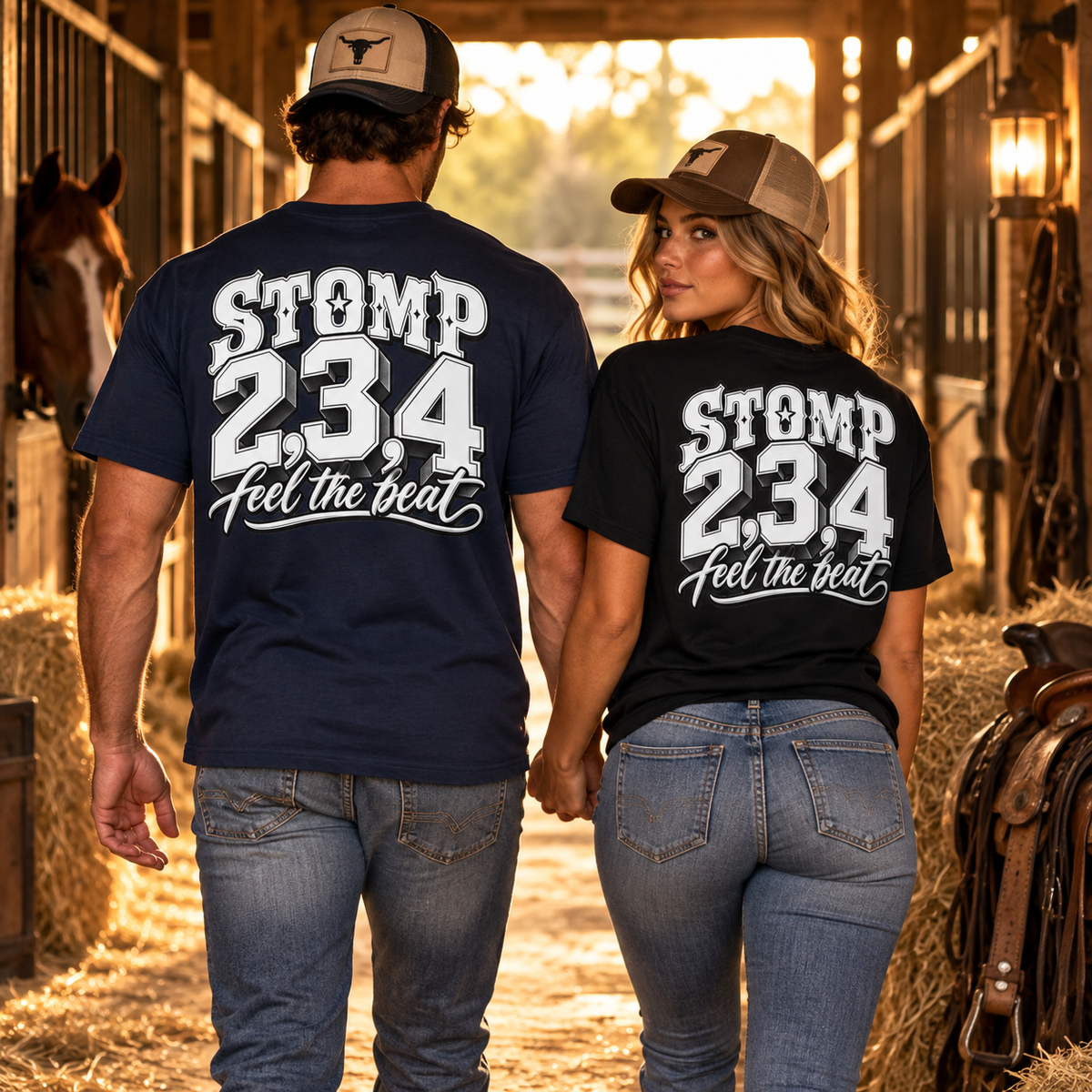 Men’s and women’s Stomp 2, 3, 4 Feel the Beat cotton line dancing T-shirts