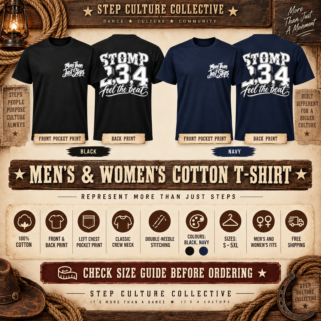 Navy Stomp 2, 3, 4 Feel the Beat line dancing T-shirt with front and back print