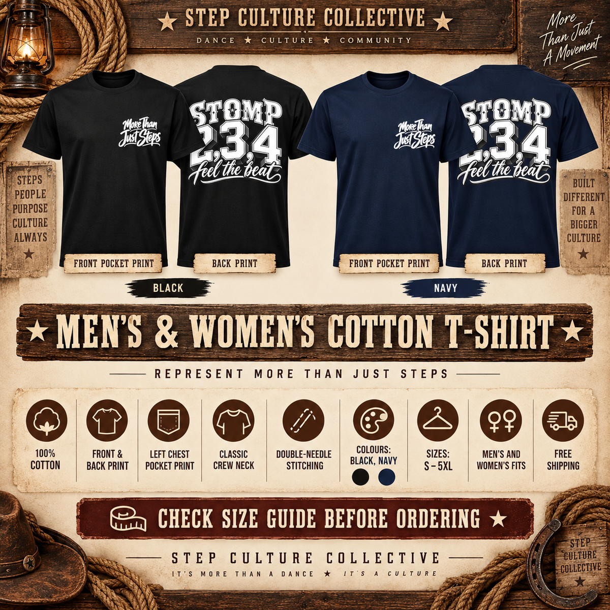 Navy Stomp 2, 3, 4 Feel the Beat line dancing T-shirt with front and back print