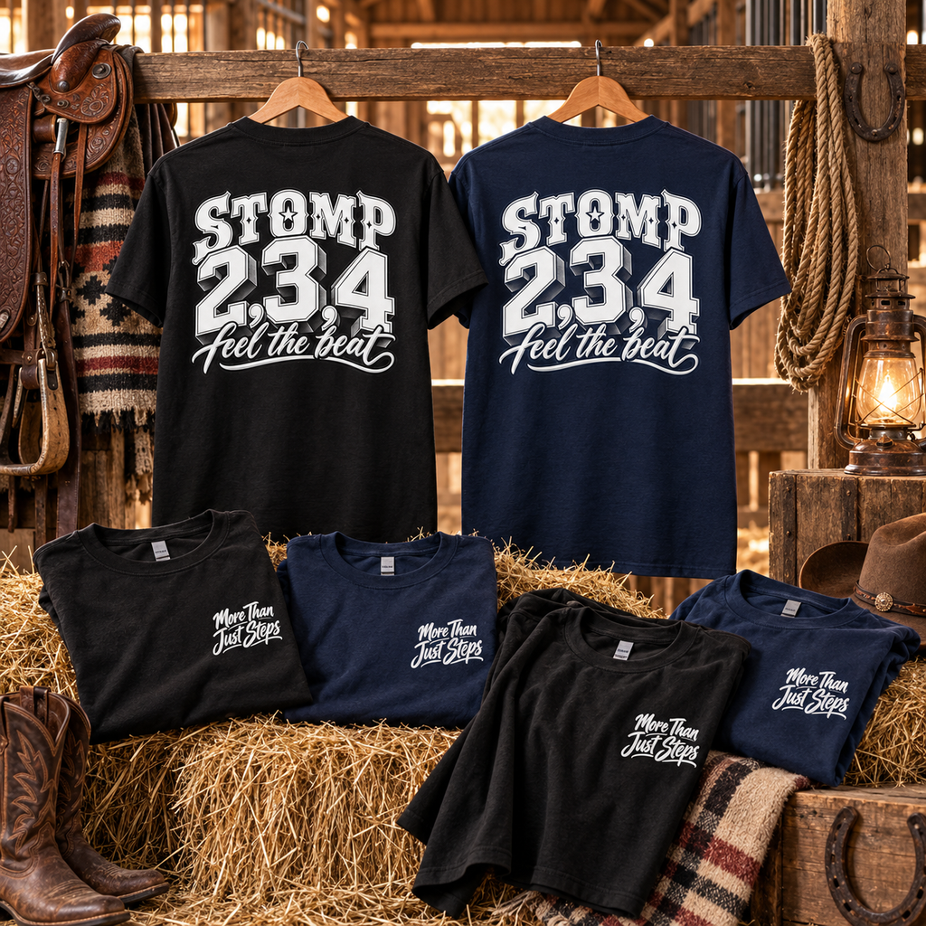 Black Stomp 2, 3, 4 Feel the Beat line dancing T-shirt with front pocket and large back design