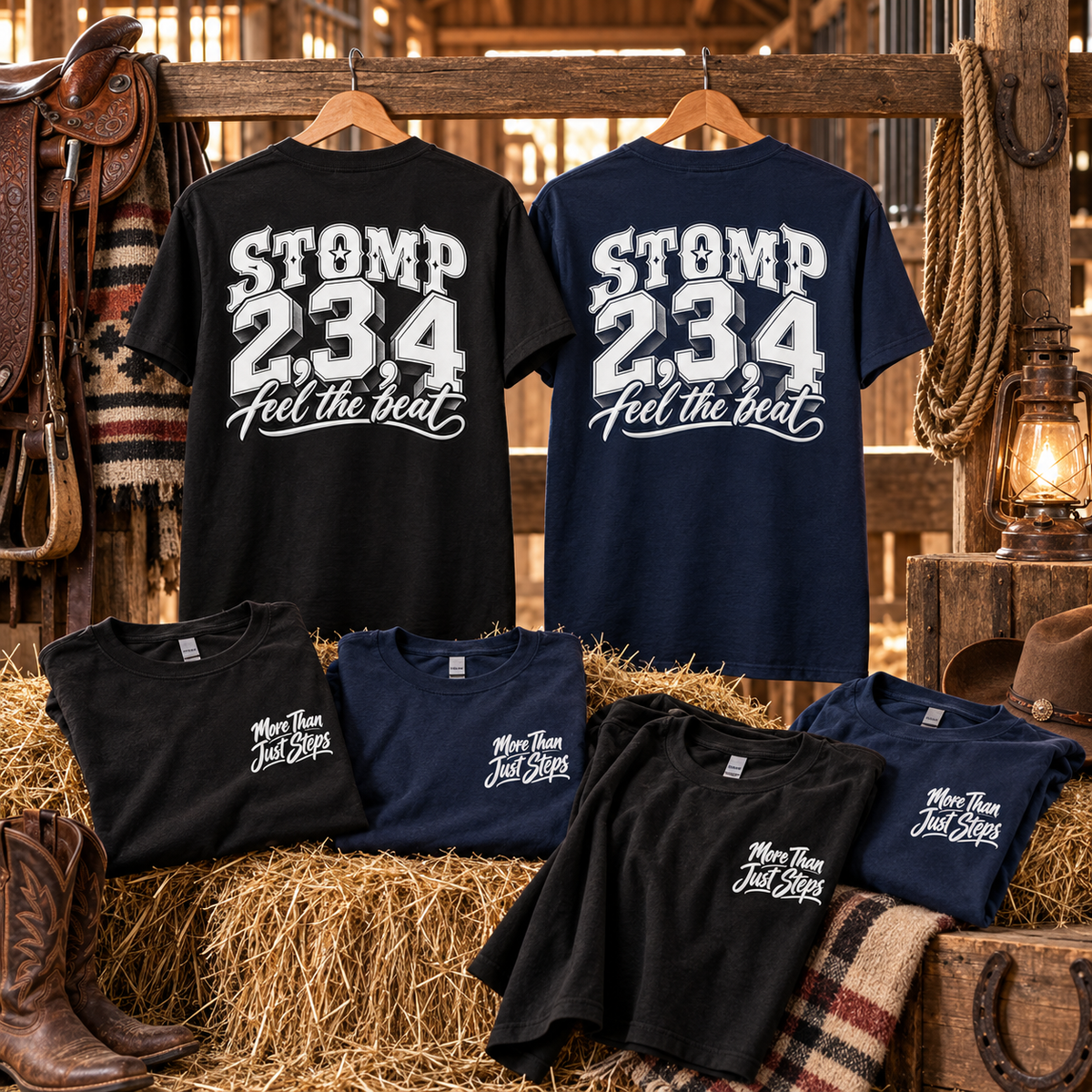 Black Stomp 2, 3, 4 Feel the Beat line dancing T-shirt with front pocket and large back design