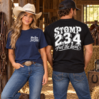 Stomp 2, 3, 4 Feel the Beat line dancing T-shirt shown in men’s and women’s cotton fits