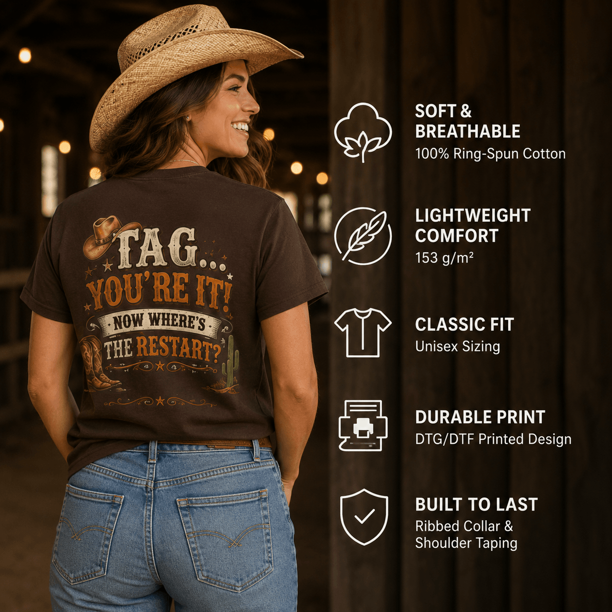Tag You're It Now Where's the Restart T-shirt infographic showing product features