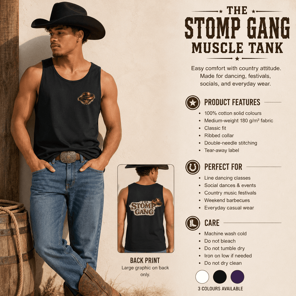 The Stomp Gang muscle tank product features infographic