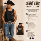 The Stomp Gang muscle tank product features infographic