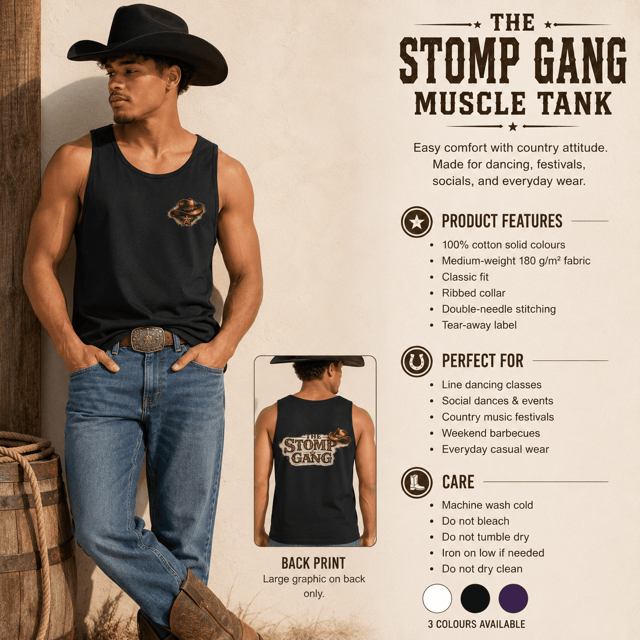 The Stomp Gang muscle tank product features infographic