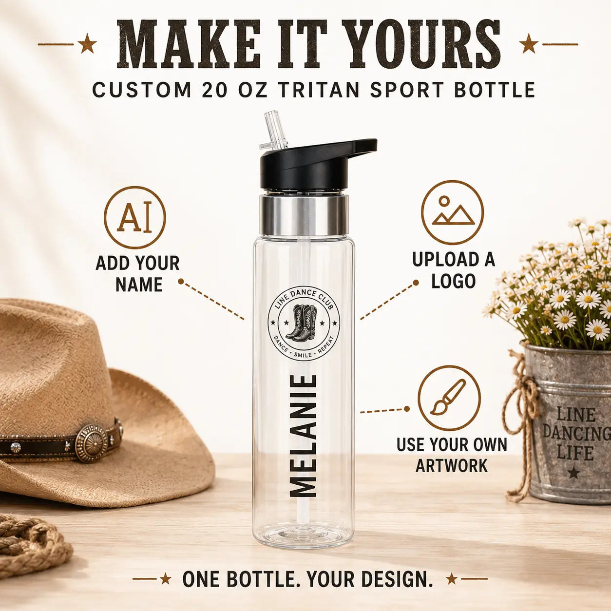 Custom 20 oz Tritan sport bottle personalisation options for a name, logo or artwork