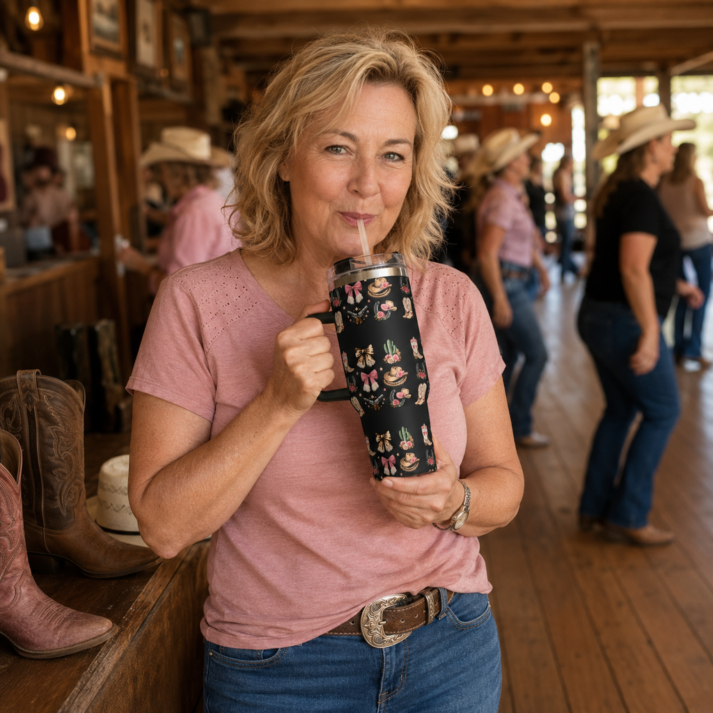 Mature woman drinking from the western cowgirl 40 oz tumbler after line dancing