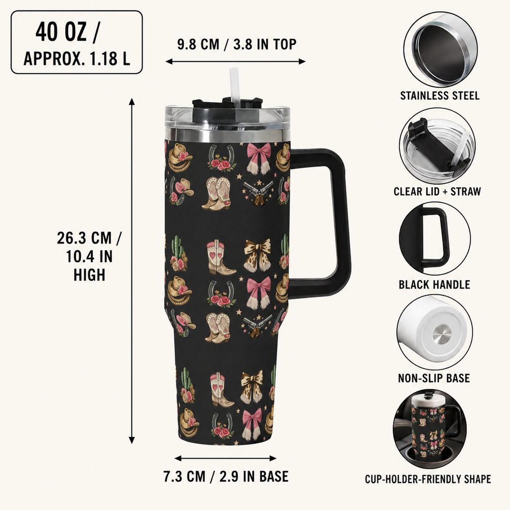 Western cowgirl 40 oz tumbler infographic showing capacity, dimensions, lid, straw and handle