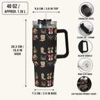Western cowgirl 40 oz tumbler infographic showing capacity, dimensions, lid, straw and handle