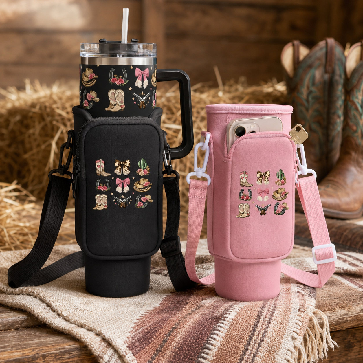 Black and pink western cowgirl carriers with matching handled tumbler and zip phone pocket