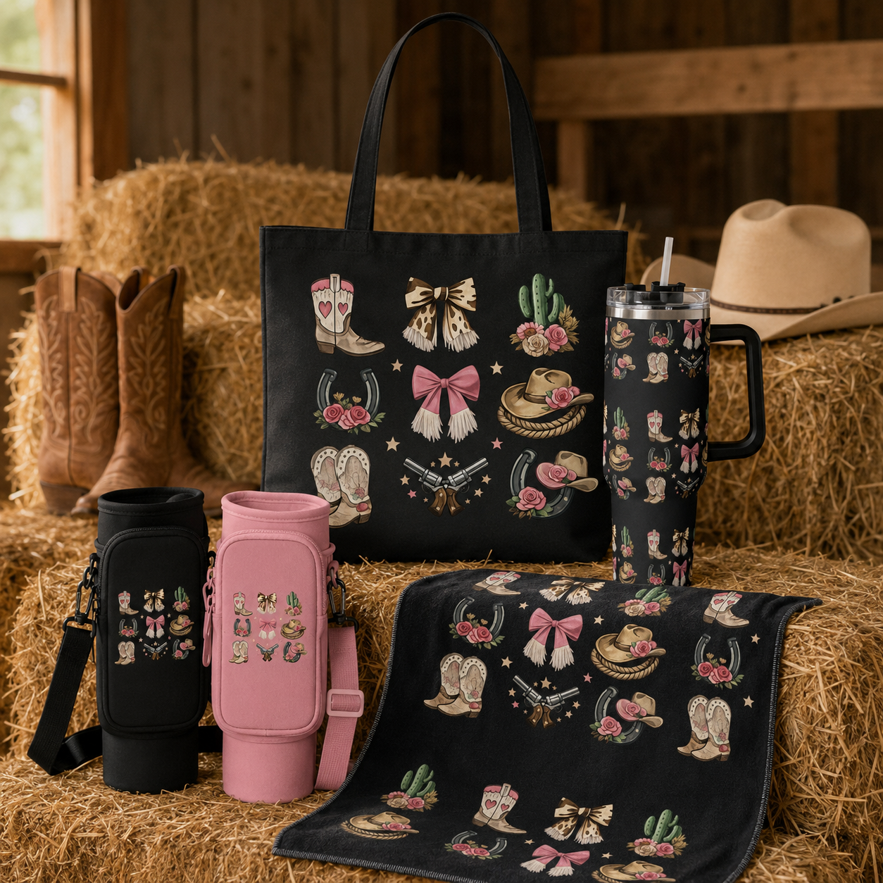 Matching western cowgirl tote, towel, 40 oz tumbler and black and pink carriers on hay bales