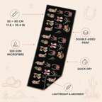 Western cowgirl sports towel infographic showing 30 by 90 centimetres, 200 gsm microfibre and quick-dry features
