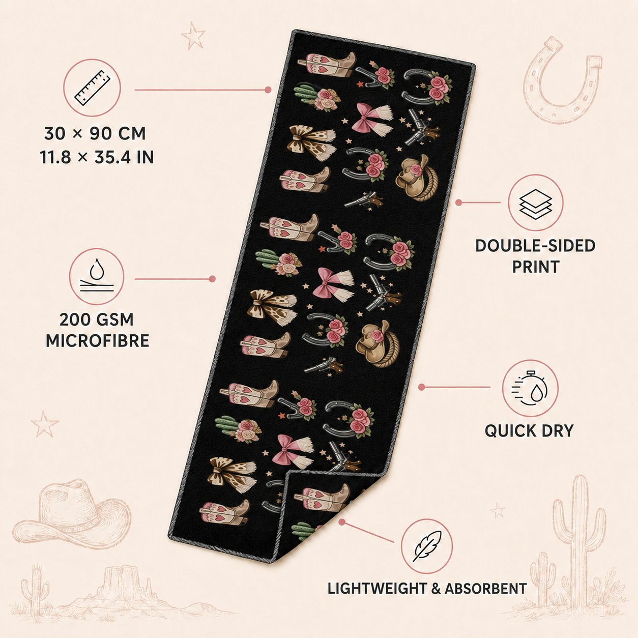 Western cowgirl sports towel infographic showing 30 by 90 centimetres, 200 gsm microfibre and quick-dry features