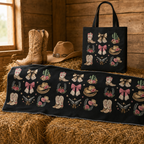 Western cowgirl tote bag with matching quick-dry towel displayed on hay bales