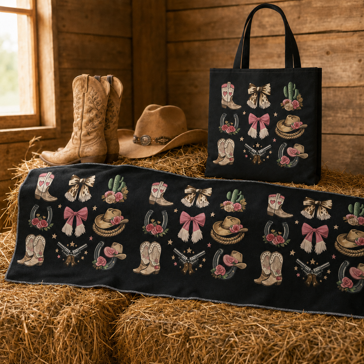 Western cowgirl tote bag with matching quick-dry towel displayed on hay bales