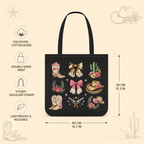 Western cowgirl tote bag infographic showing 40 by 39 centimetres and polyester-cotton blend