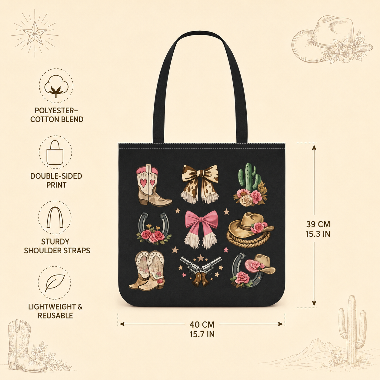 Western cowgirl tote bag infographic showing 40 by 39 centimetres and polyester-cotton blend