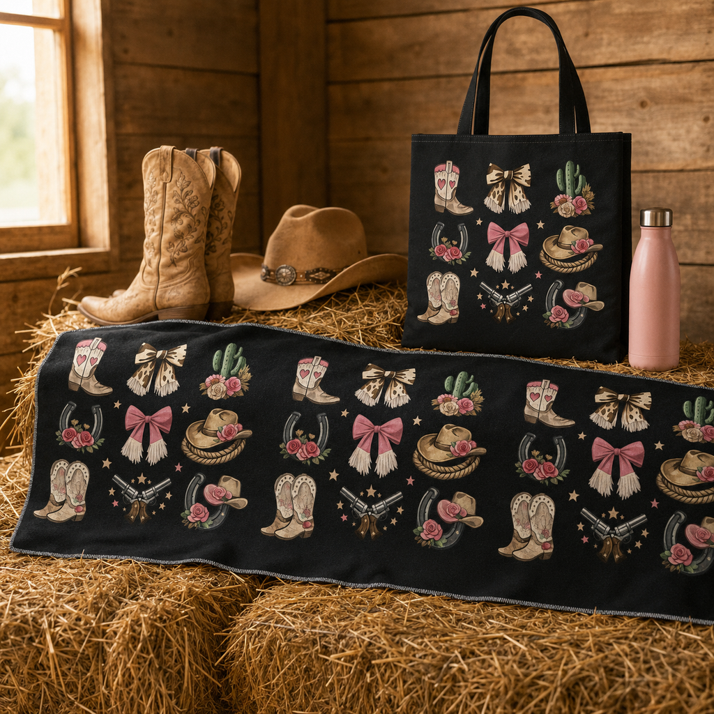 Western cowgirl towel with matching tote bag, boots, hat and drink bottle on hay bales