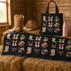 Western cowgirl towel with matching tote bag, boots, hat and drink bottle on hay bales