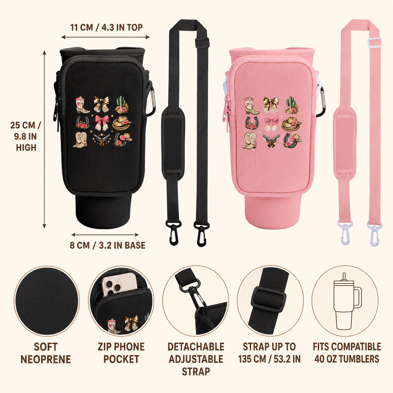 Black and pink western tumbler carrier infographic showing dimensions, strap and phone pocket
