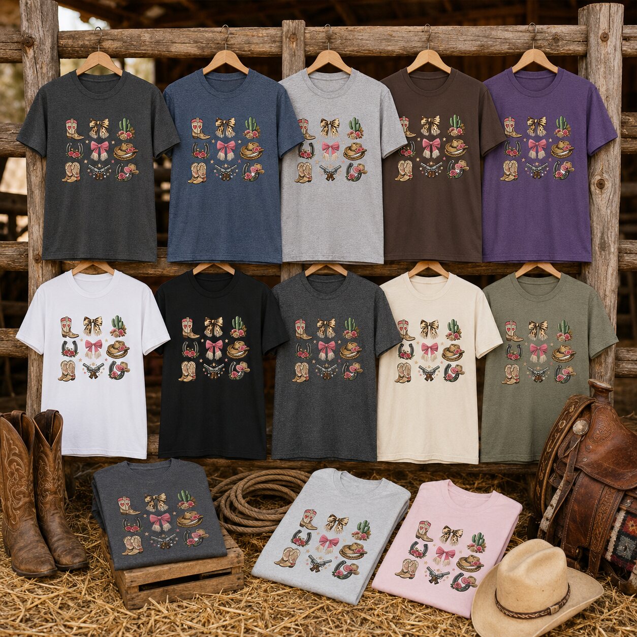 Western Icons graphic tees in available colours displayed on a rustic timber fence with cowboy boots and saddle