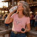 Woman drinking from a Western Icons stainless steel water bottle outside a rustic line dancing venue