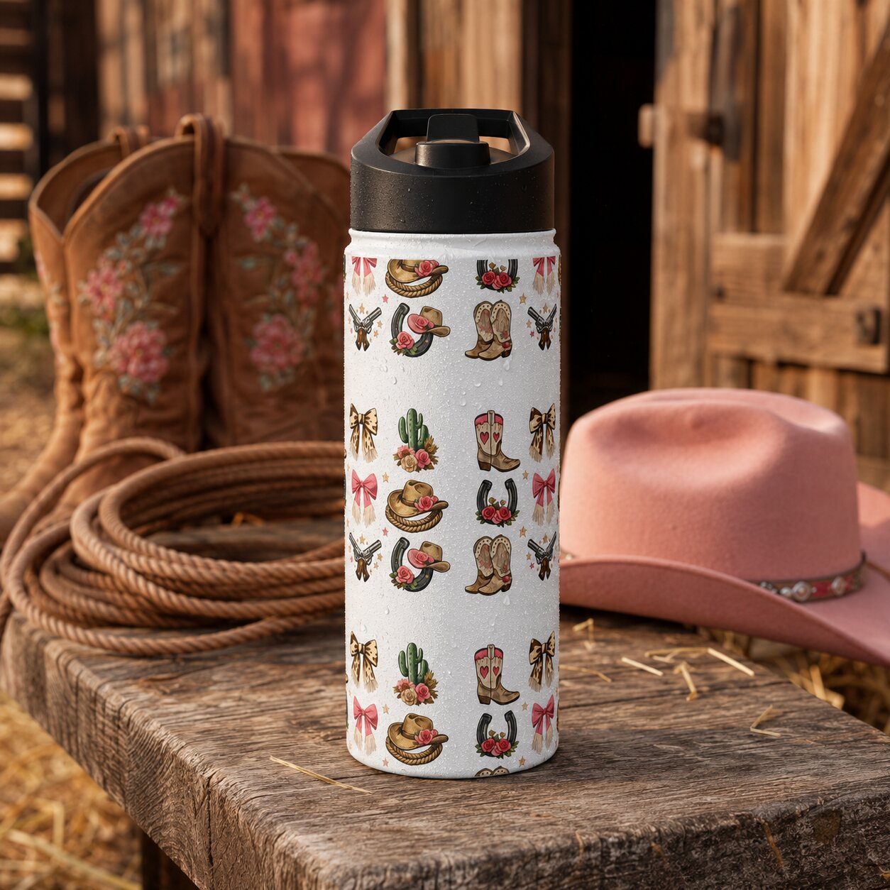 Western Icons stainless steel water bottle with black standard lid beside cowboy boots, pink hat and lasso
