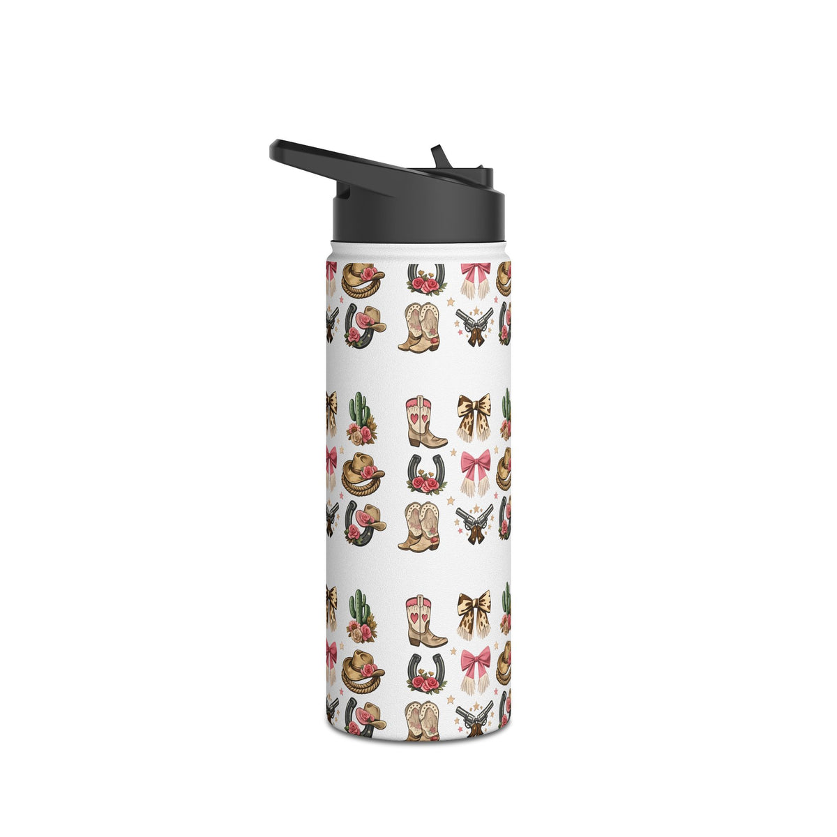 Western Icons stainless steel drink bottle showing the wraparound cowgirl pattern