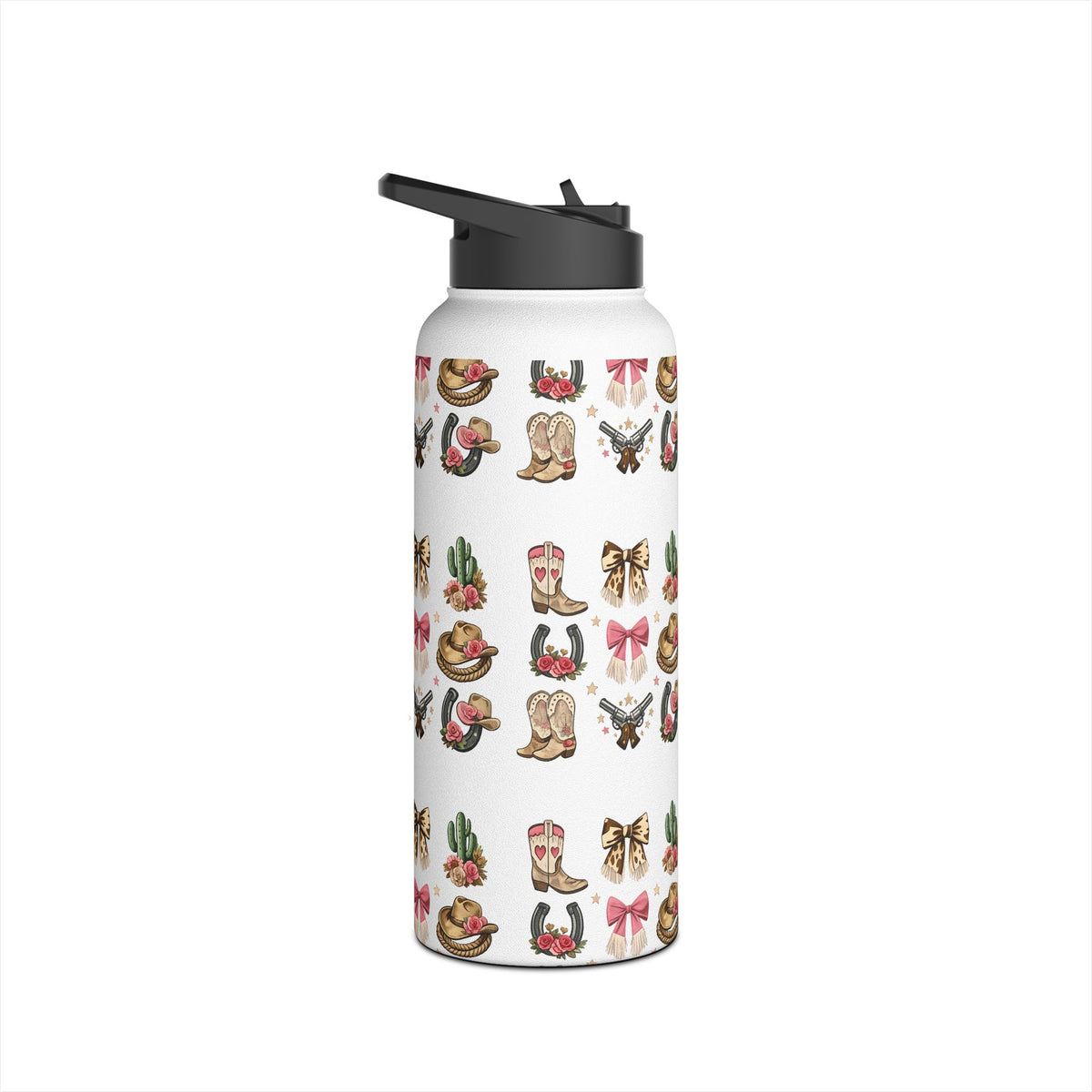 Western Icons reusable water bottle with boots, bows, hats and cactus print