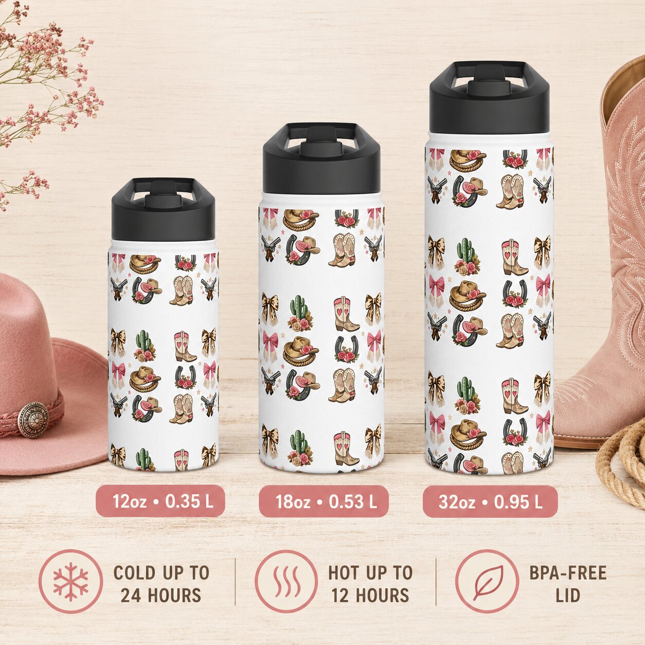 Western Icons stainless steel water bottles in 12oz, 18oz and 32oz sizes with insulation features