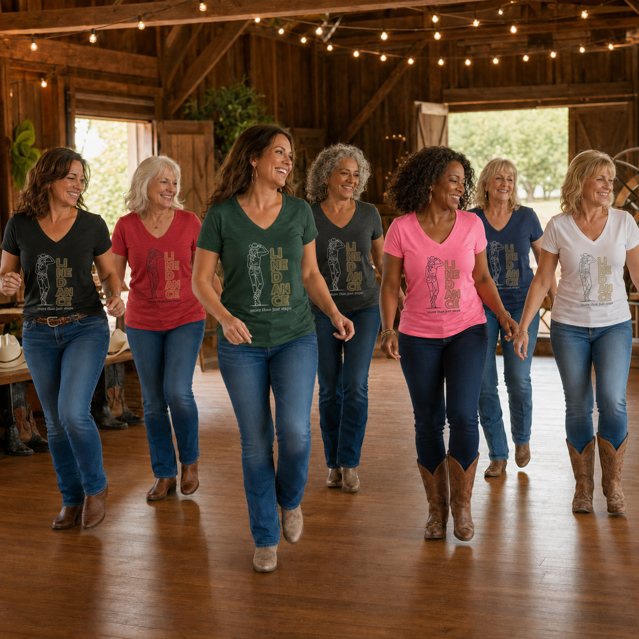 Women line dancing in More Than Just Steps V-neck graphic shirts inside a rustic barn