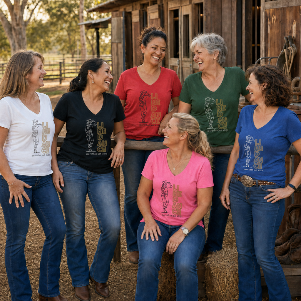 Group of women wearing More Than Just Steps line dance V-neck tees in assorted colours beside a country stable