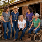 Women in assorted line dance V-neck shirts relaxing by hay bales and a rustic stable