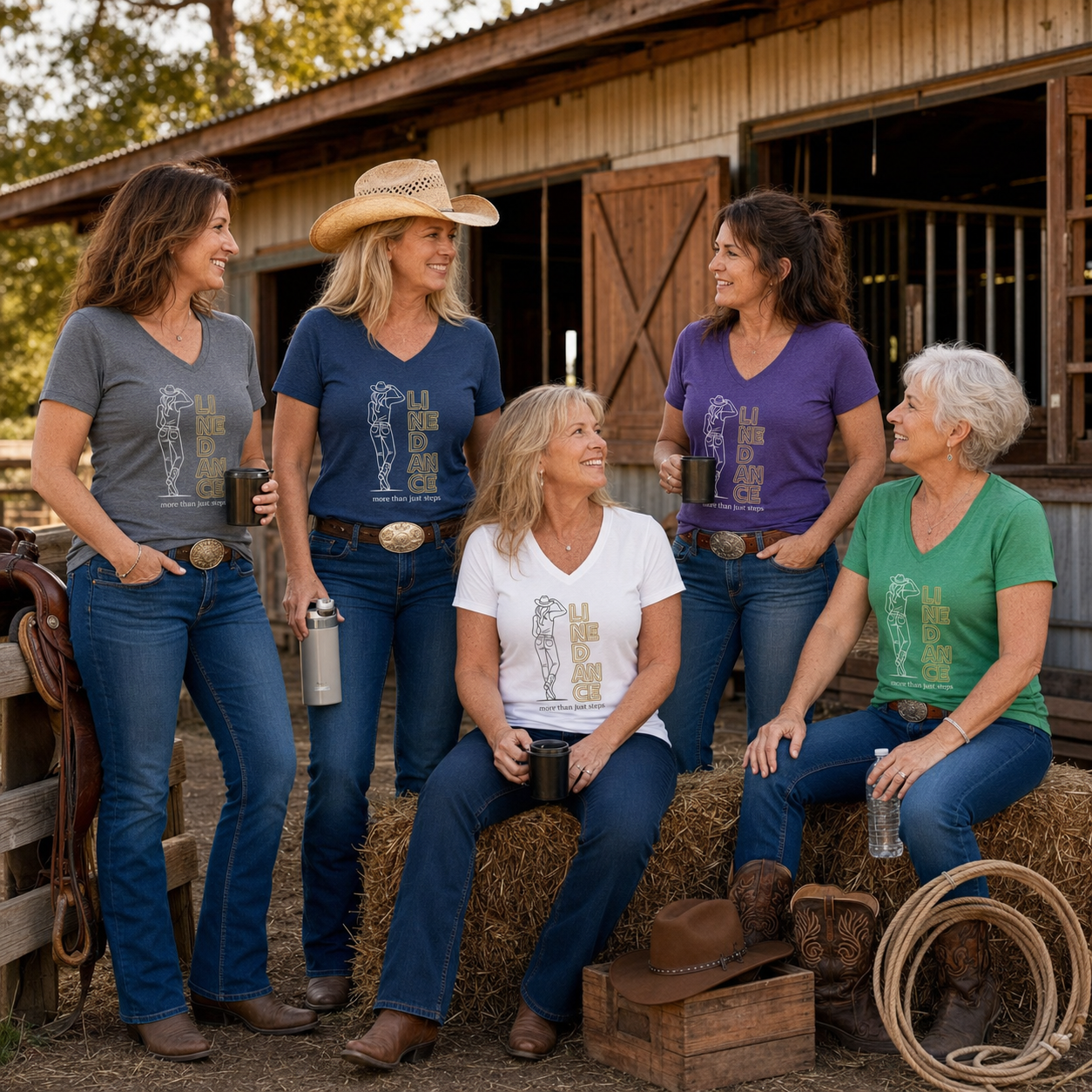 Women in assorted line dance V-neck shirts relaxing by hay bales and a rustic stable